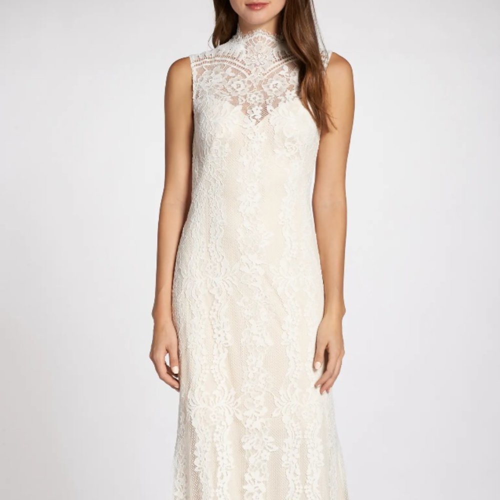 TADASHI SHOJI  Illusion Back Lace Wedding Dress In Ivory/ Petal